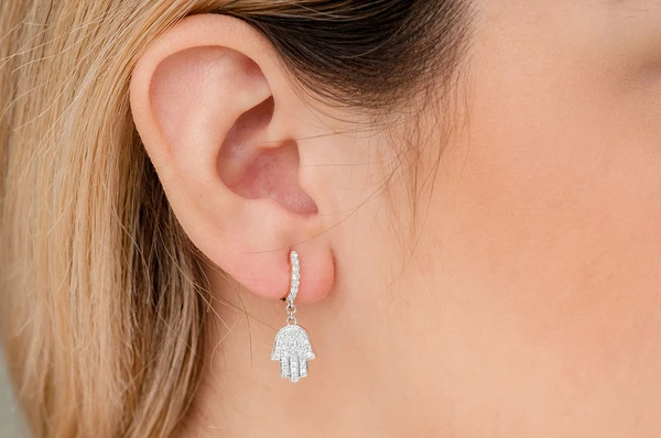 dangling hamsa huggie earrings 14k gold color white 4