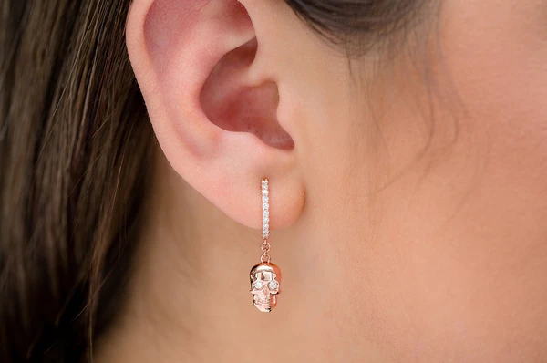 dangling skull huggie hoop earrings 14k gold color rose 4