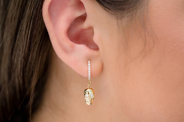 dangling skull huggie hoop earrings 14k gold color yellow 4